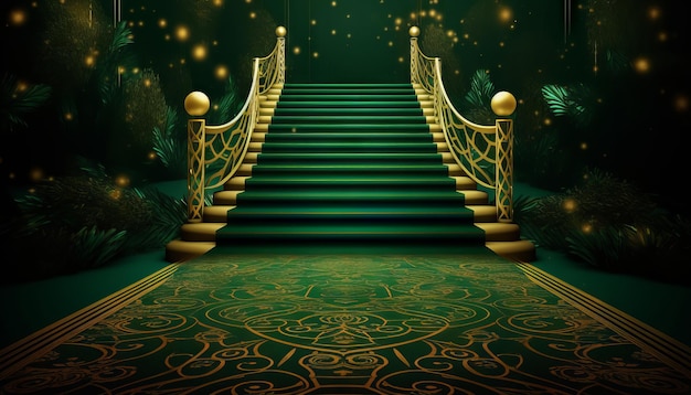 Green Carpet Bollywood Stage Green Steps Spot Light Telón de fondo de los Golden Regal Awards Generative ai