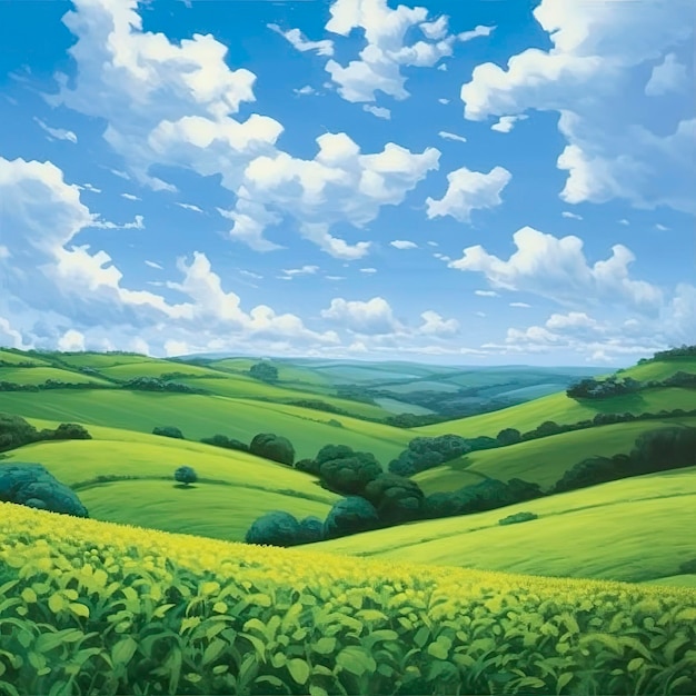 Green Fields Rolling Hills Paisagem de primavera sob o Blue Sky AI Generative