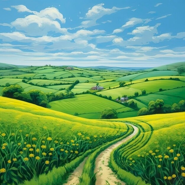 Green Fields Rolling Hills Paisagem de primavera sob o Blue Sky AI Generative