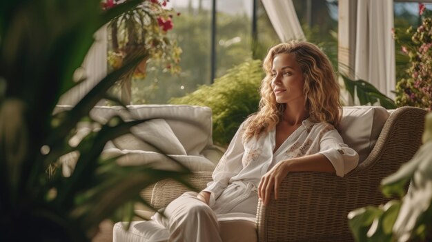 Foto green home, mulher elegante e relaxada, com longos cabelos ondulados em casa moderna em dia ensolarado em calças verdes