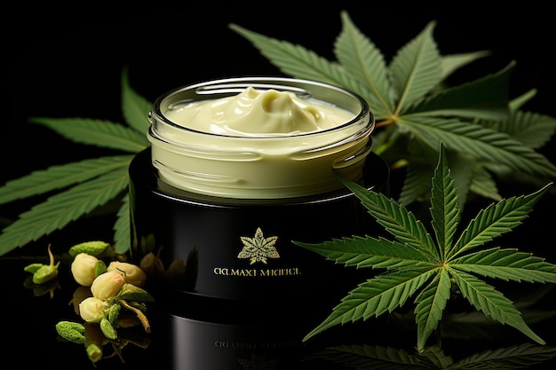 Foto green leaf cannabis encontra white cream jar tabletop elegance generative ai