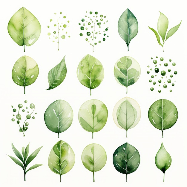Green Leaf Collection Aquarell-Zeichnungs-Clipart mit monochromatischer Harmonie