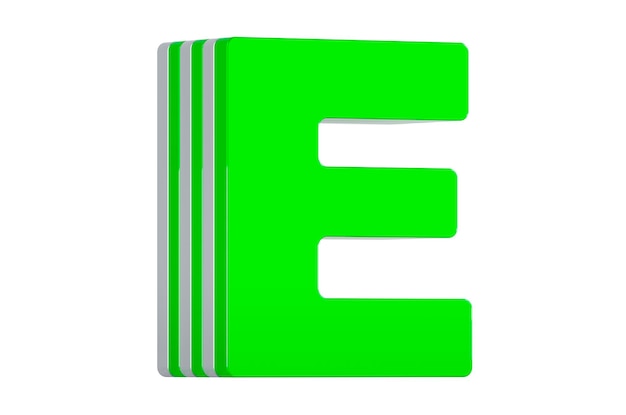 Foto green letter e fuente en capas 3d rendering aislado sobre fondo blanco.