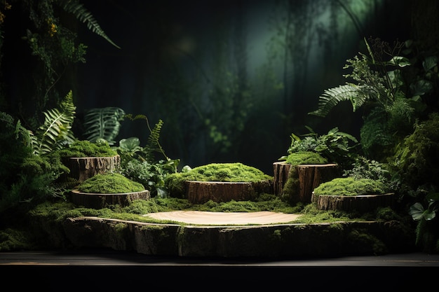 Green moss uma plataforma feita de fatias de madeira e vegetação Ambiente luxuoso para publicidade