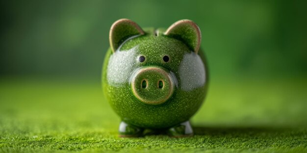 Green Piggy Bank en el césped vibrante para los conceptos de inversión