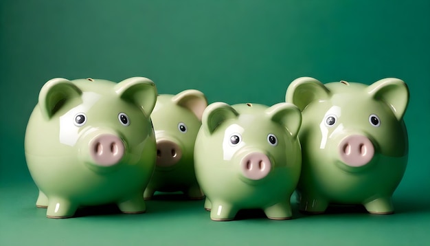 Foto green pigs family piggy banks isolated on green background green investment success eco savings