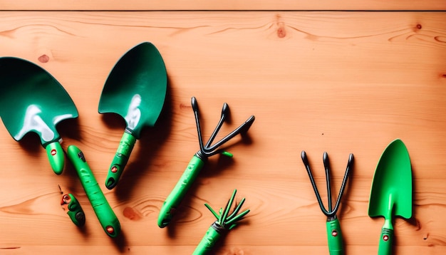 Foto green thumb essentials draufsicht auf gartengeräte auf dem holzboden. machen sie sich bereit für die kultivierung