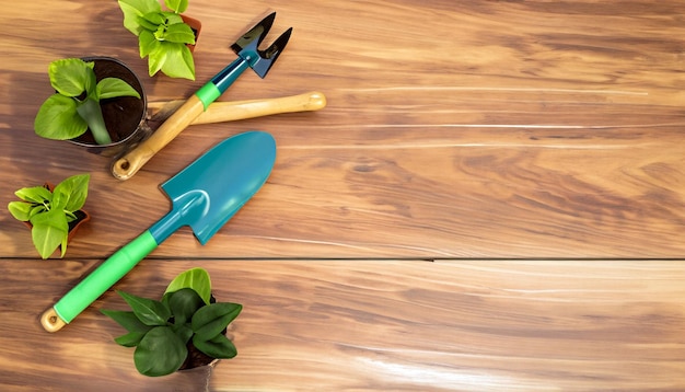 Green Thumb Essentials Draufsicht auf Gartengeräte auf dem Holzboden. Machen Sie sich bereit für die Kultivierung