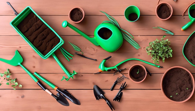 Green Thumb Essentials Draufsicht auf Gartengeräte auf dem Holzboden. Machen Sie sich bereit für die Kultivierung