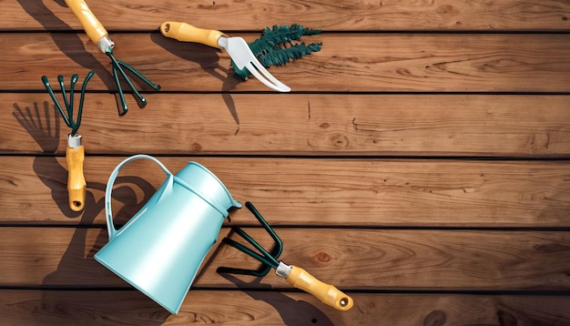 Foto green thumb essentials vista superior de las herramientas de jardinería en el piso de madera prepárese para cultivar