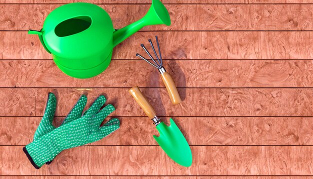 Green Thumb Essentials Vista superior de las herramientas de jardinería en el piso de madera Prepárese para cultivar