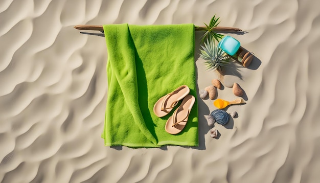 Foto a green towel with a palm leaf on it and a pair of flip flops on the sand