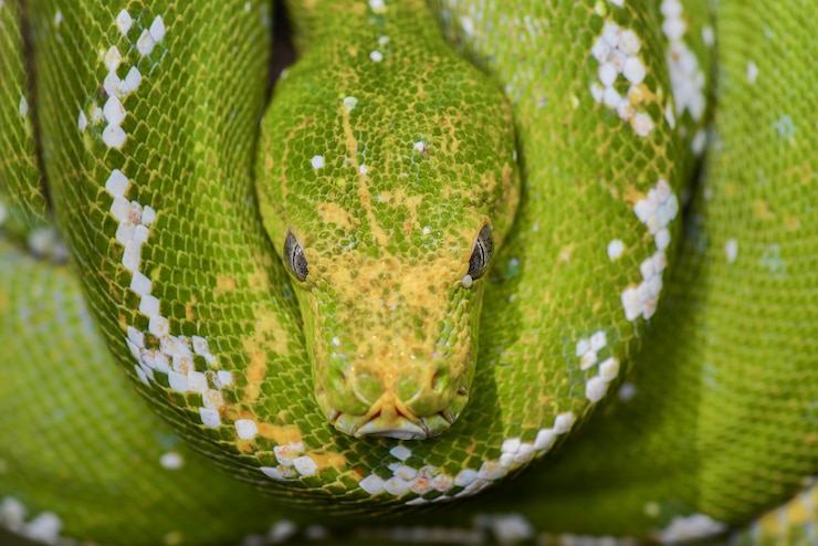 Foto green tree python morelia viridis en ramitas