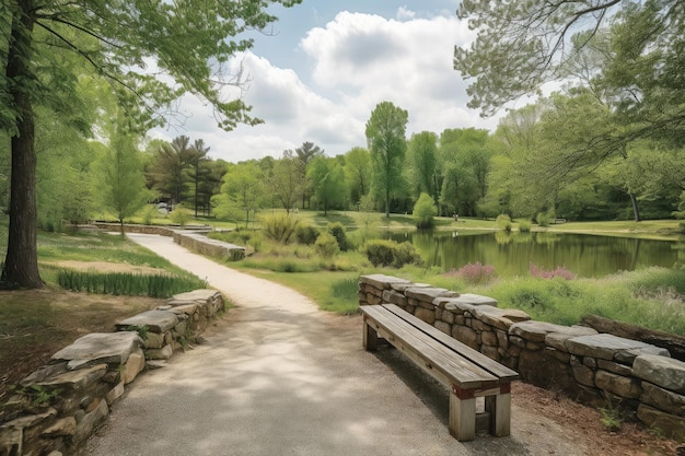 Greenway mit Steinpfaden und Holzbänken, die zu einem ruhigen Teich führen, der mit generativer KI erstellt wurde