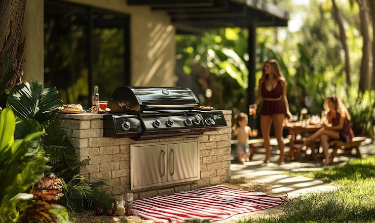 Foto grelha de churrasco ao ar livre com a família desfrutando de um dia ensolarado no jardim