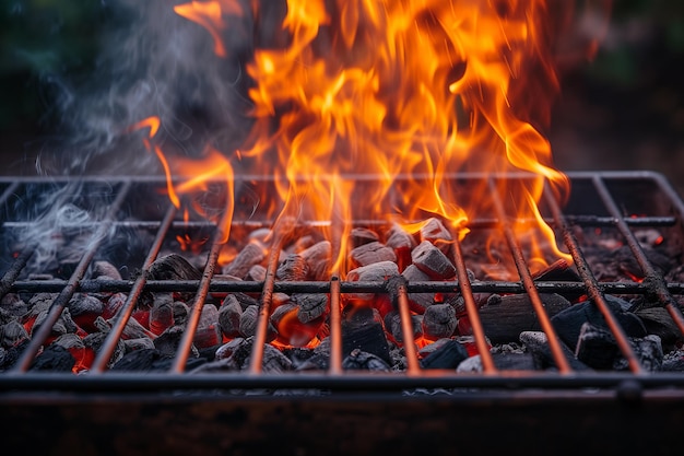 Grelha de churrasco envolvida em chamas com carvão