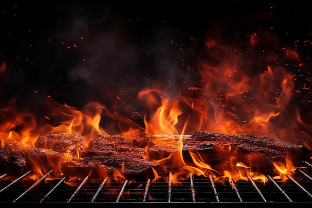 Grelha de churrasco quente vazia com faíscas de fogo ardentes e carvão em chamas no preto