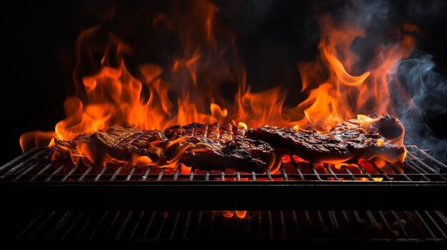 Grelha de churrasco vazia com chamas de fogo rugindo