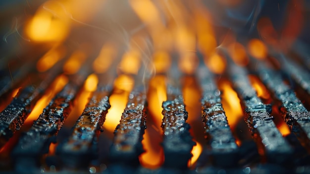 Grelha de churrasco vazia quente com chamas de laranja Uma grelha de barbecue vazia aquecida por chamas laranjas vivas pronta para cozinhar com foco nas brasas brilhantes e no calor ambiente