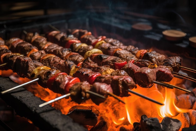 Grelha quente com shishkabob de carne grelhada pronta para ser cozida e servida