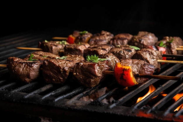 Grelha quente com shishkabob de carne grelhada pronta para ser cozida e servida