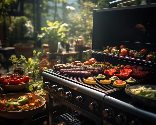 Foto grelhando carnes e legumes no quintal