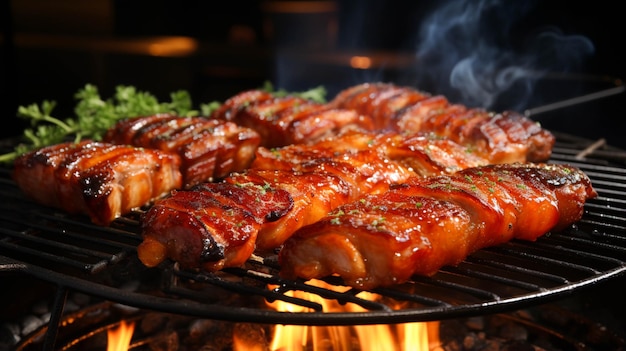 Grelhar carne de barriga de porco em uma rede de churrasco redonda no restaurante para comer