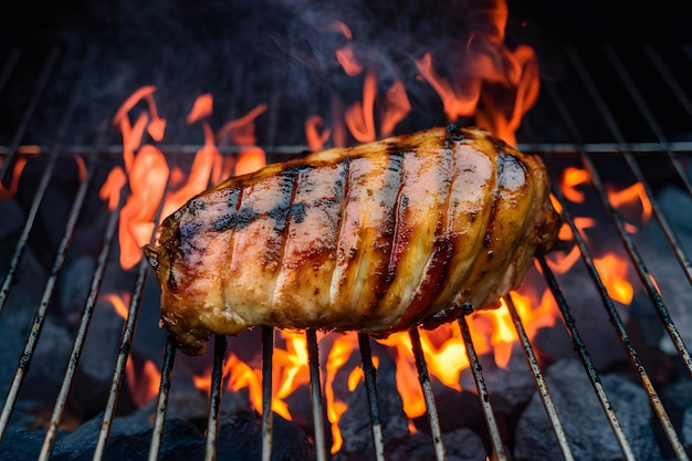 Grelhar carne de porco sobre carvões quentes um dos favoritos do churrasco