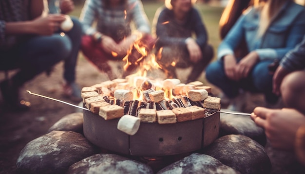 Grelhar carne e marshmallows sobre chamas de fogueira geradas por IA