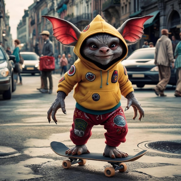 Foto gremlin con una sudadera amarilla en una patineta