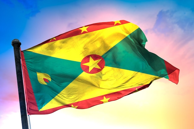 Grenada-Landesflagge, Flagge 3d und farbiger Hintergrund.