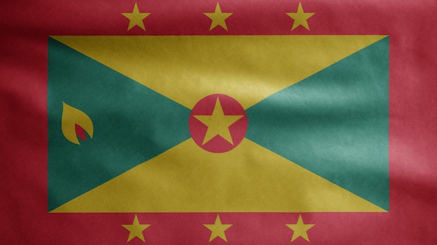 Grenadische Flagge weht im Wind. Nahaufnahme von Grenada Banner weht, weiche und glatte Seide. Stoff Textur Fähnrich Hintergrund. Verwenden Sie es für das Konzept für Nationalfeiertage und Länderanlässe.
