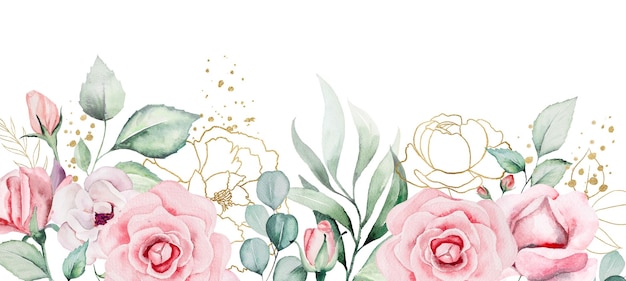 Grenze aus rosa aquarellrosenblumen und grünen blättern hochzeits- und grußillustration