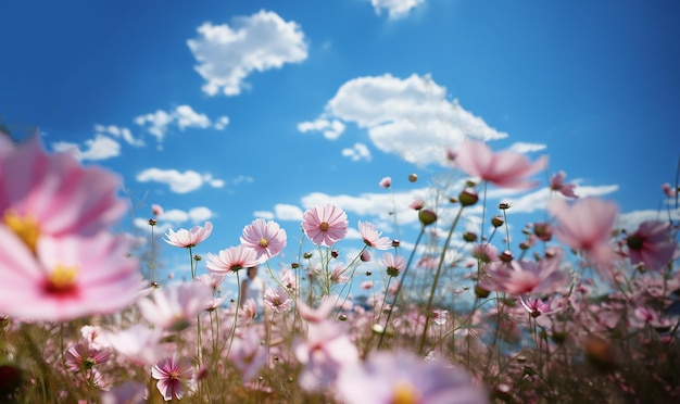 Grenze der rosa Kosmosblume im Kosmosfeld im Garten mit verschwommenem Hintergrund und weichem Sonnenlicht