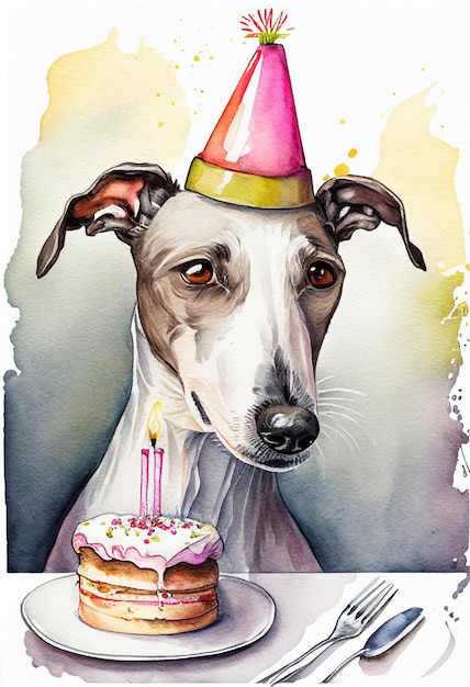 Greyhound com bolo de aniversário Festa de aniversário de cachorro Ilustração generativa de AI em aquarela