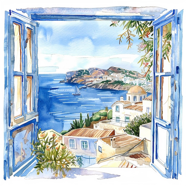 Griechenland blau-weißes Gemälde eines Fensters mit Blick auf eine kleine Stadt und eine Kirche
