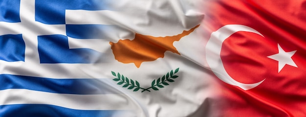 Griechenland< Zypern und die Türkei Flaggen wehen im Wind.