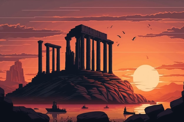 Griechenlands Tempel des Poseidon während des Sonnenuntergangs