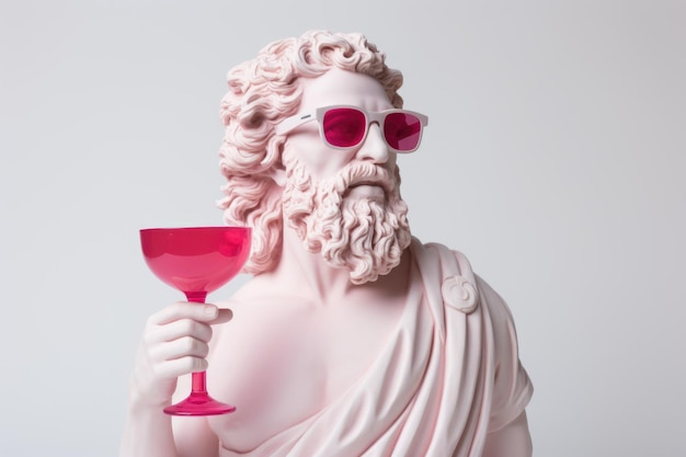 Griechische Büste des Gottes Dionysos mit rosafarbener Brille mit einem rosa Becher auf weißem Hintergrund