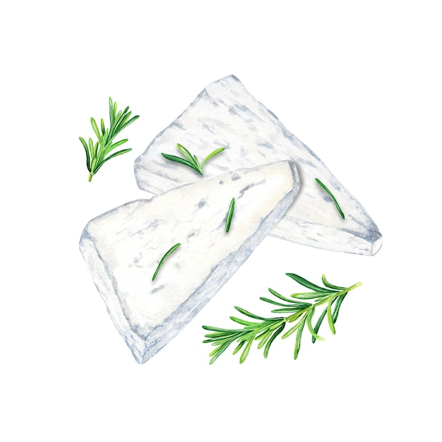 Griechische Feta-Käse-Scheiben und Rosmarin-Kräuter-Komposition Aquarell-Illustration isoliert auf weißem Hintergrund