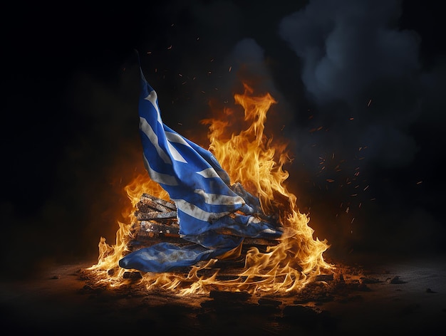 Griechische Flagge brennt bei Waldbränden