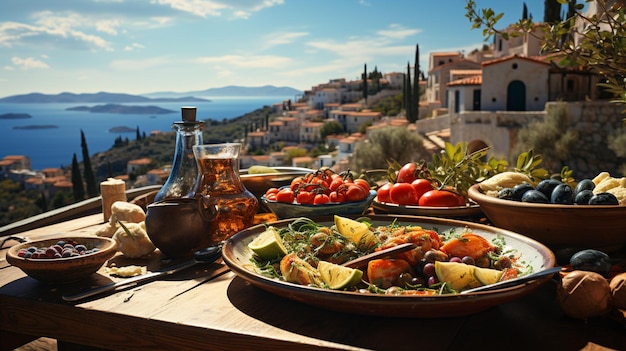 Griechische Gastronomie traditionelle Gerichte Feta Joghurt Tzatziki Moussaka Griechischer Salat und Fisch