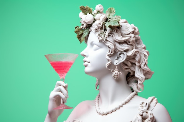 Griechische Göttin Aphrodite mit einem rosa Cocktail in der Hand auf pastelltürkisem Hintergrund