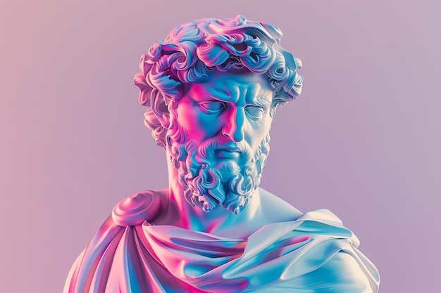 Foto griechische gottesskulptur mann in retrowave city pop-design vaporwave-stil farben