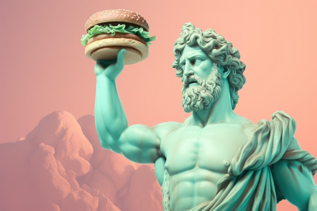 Griechische grüne Skulptur des Zeus mit einem großen Hamburger in der Hand auf rosa Hintergrund