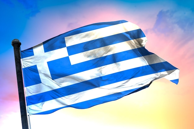 griechische landesflagge, 3d-flagge und farbiger hintergrund.