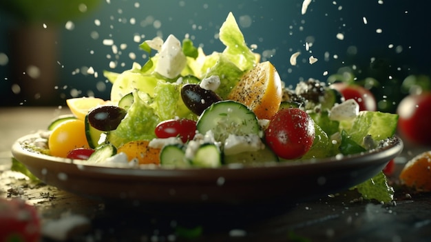 Griechische Salat fliegende Zutaten kreativ dramatisches Licht Kodak 70mm Oktan-Rendering