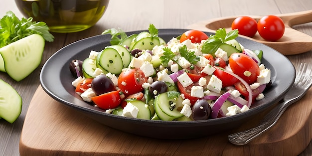 Griechischer Dorfsalat mit Tomaten Gurke Feta Oliven rote Zwiebeln Paprika Kapers EVOO