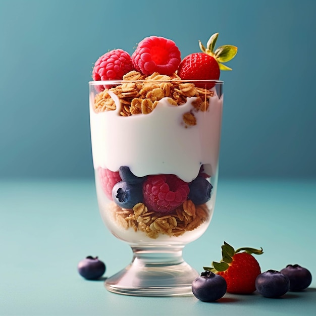 Griechischer Joghurt mit frischen Beeren und Müsli im Glas auf Holztisch