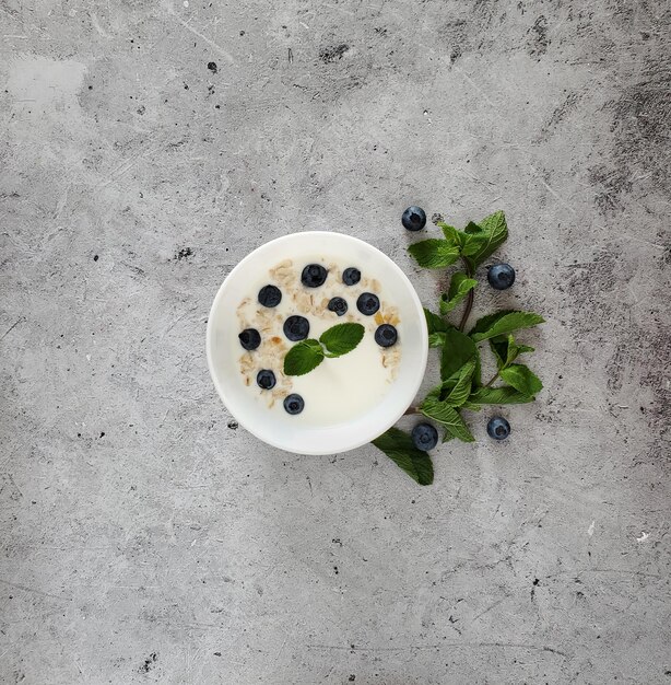 Griechischer Joghurt mit frischen Heidelbeeren und Müsli in einem weißen Teller, Minze auf hellem Hintergrund